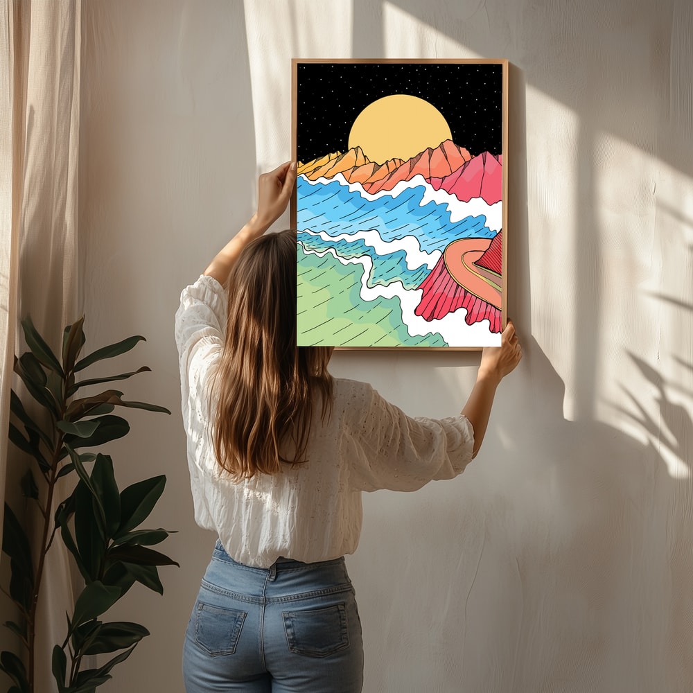 Vibrant Ocean Mountain Moon