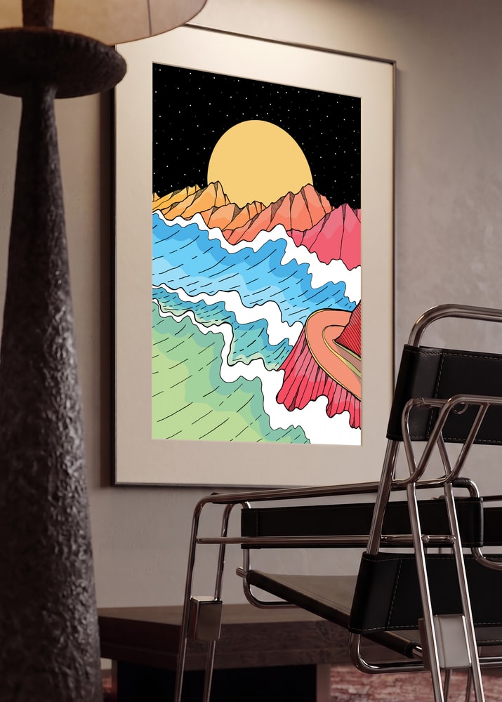 Vibrant Ocean Mountain Moon