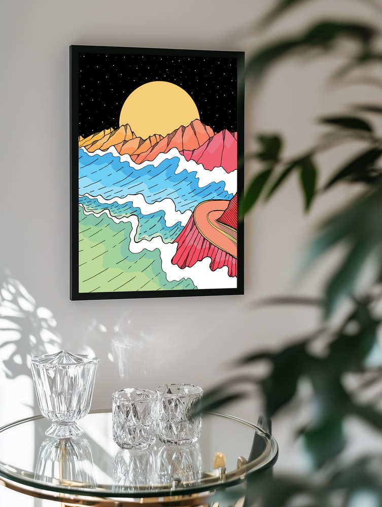 Vibrant Ocean Mountain Moon