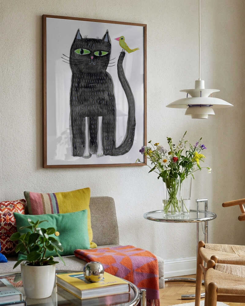 Whimsical Black Cat And Bird