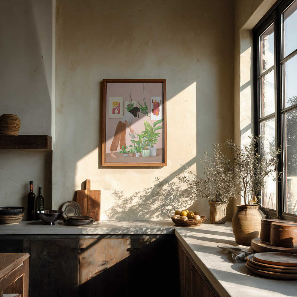 Woman Waters Houseplants