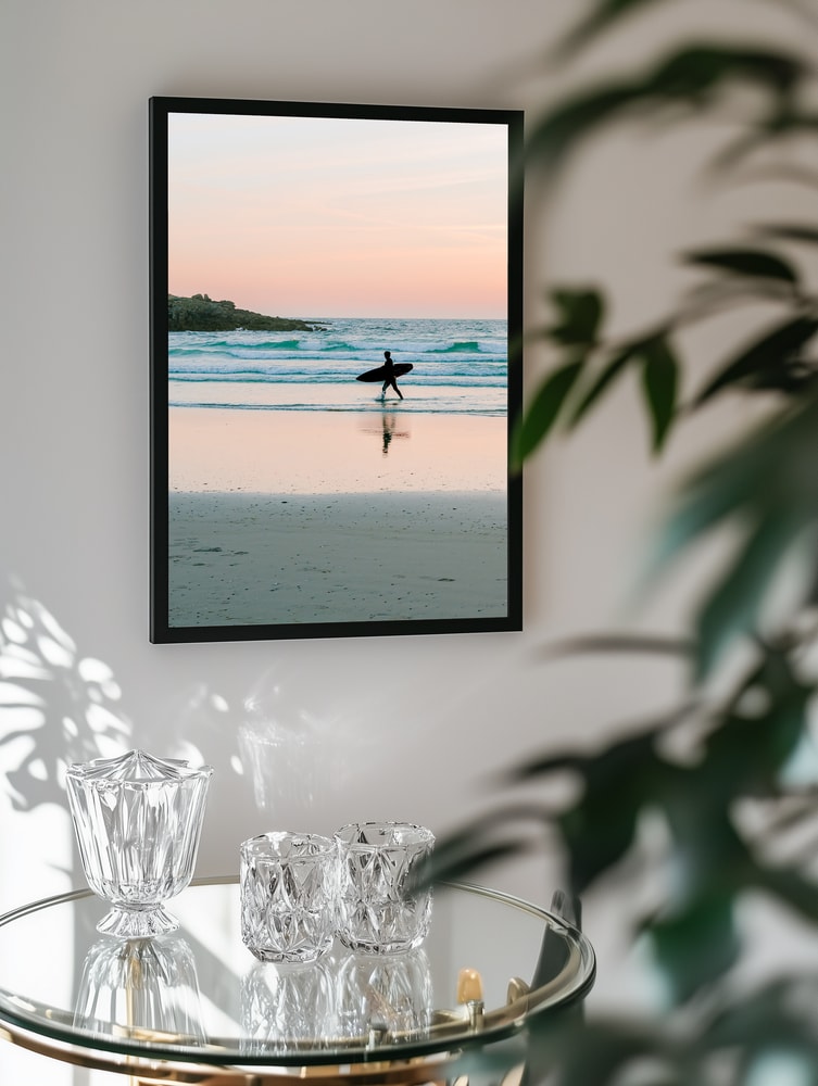 Surfer Walking Sunset Beach