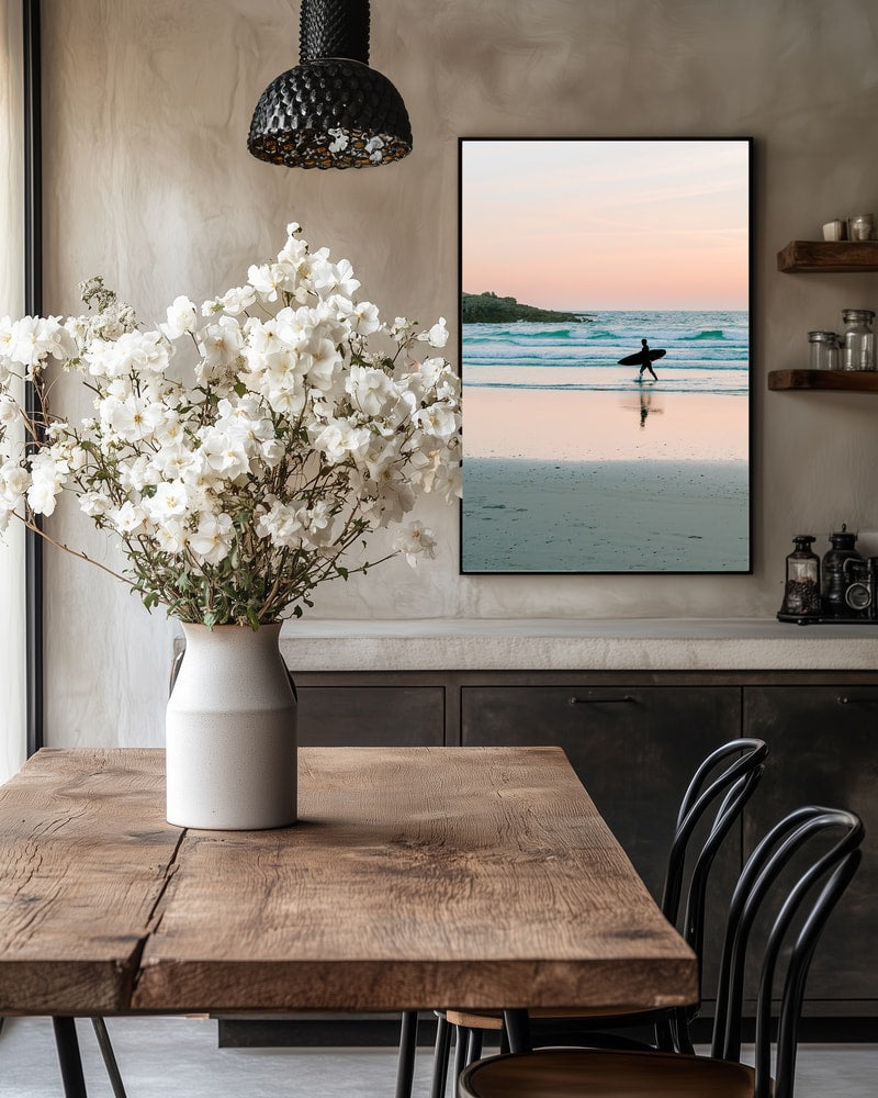 Surfer Walking Sunset Beach