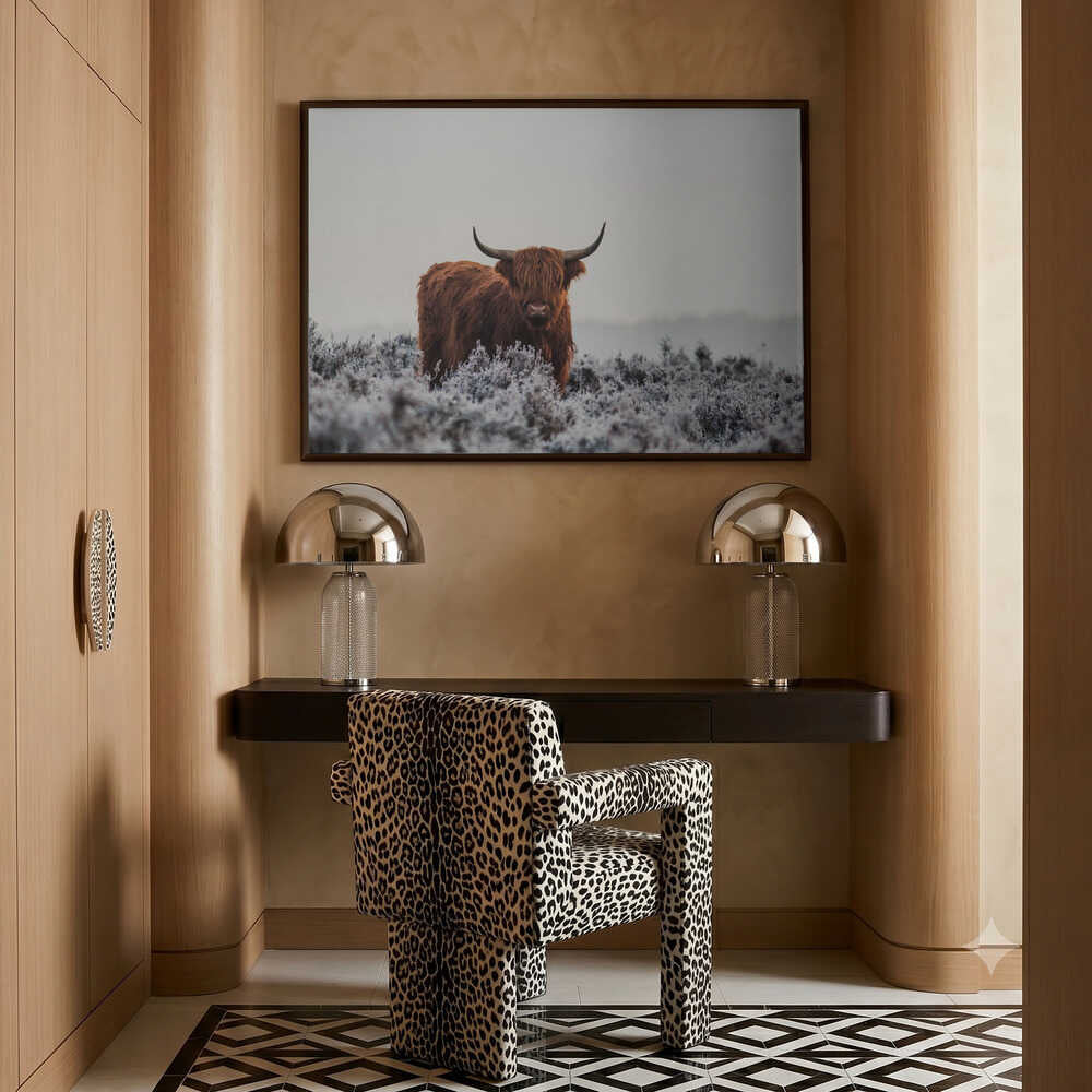 Highland cow i frostigt landskap