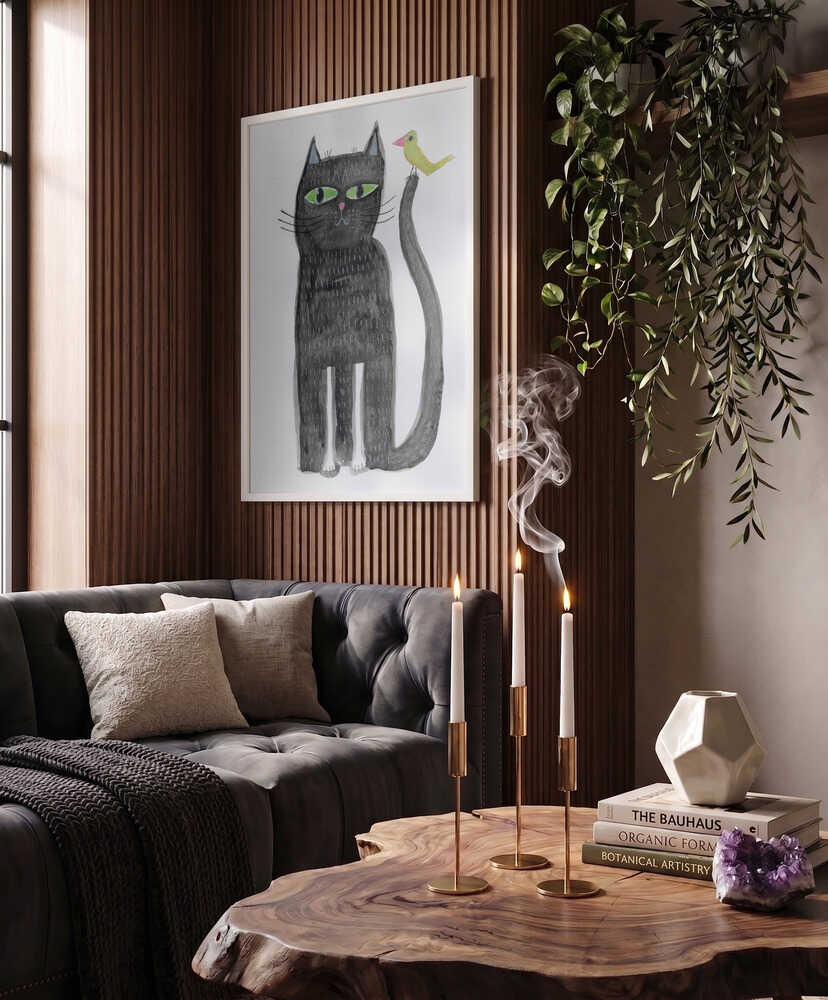 Whimsical Black Cat And Bird