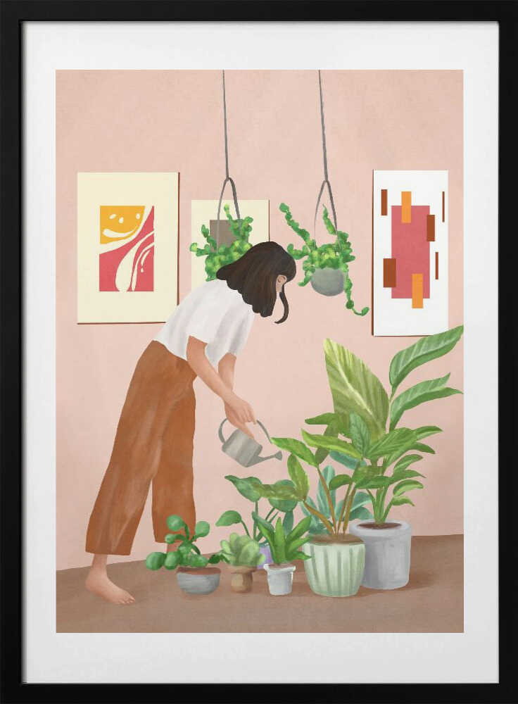 Woman Waters Houseplants