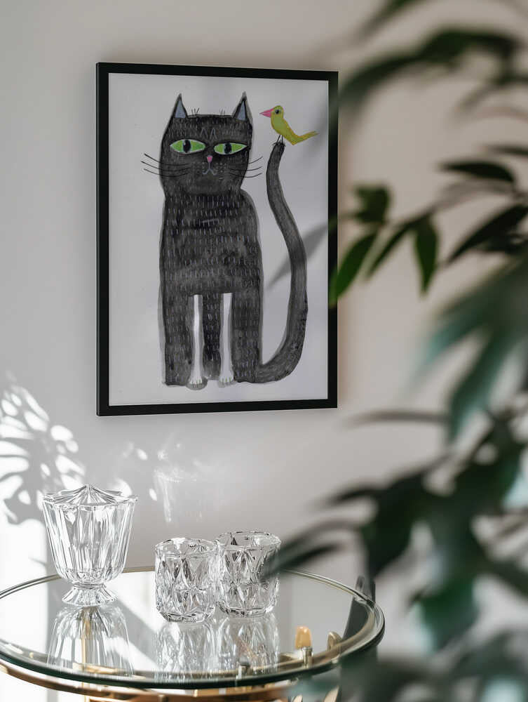 Whimsical Black Cat And Bird