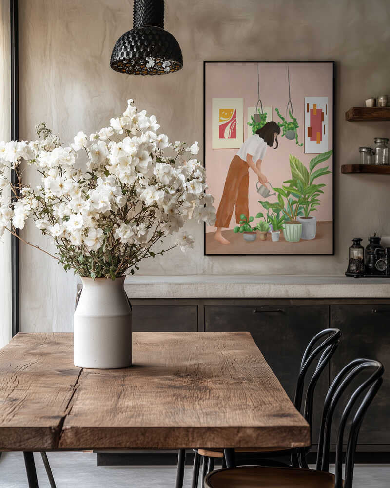 Woman Waters Houseplants