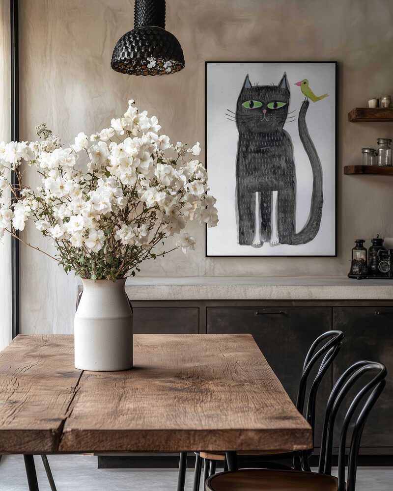 Whimsical Black Cat And Bird