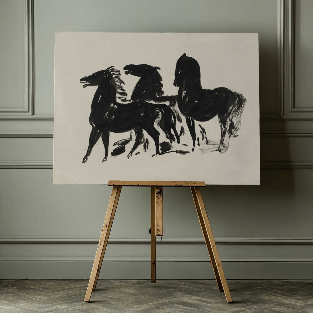 Drie Zwarte Paarden Staand Naar Links Kijkend (1935–1936) Drawing In High Resolution By Leo Gestel
