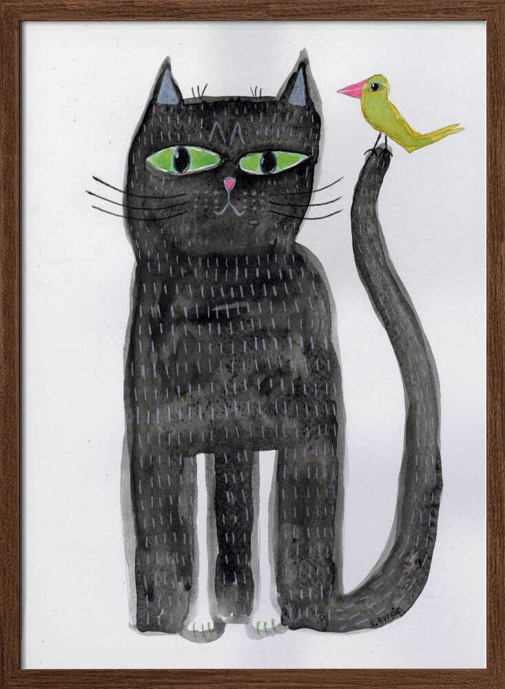 Whimsical Black Cat And Bird