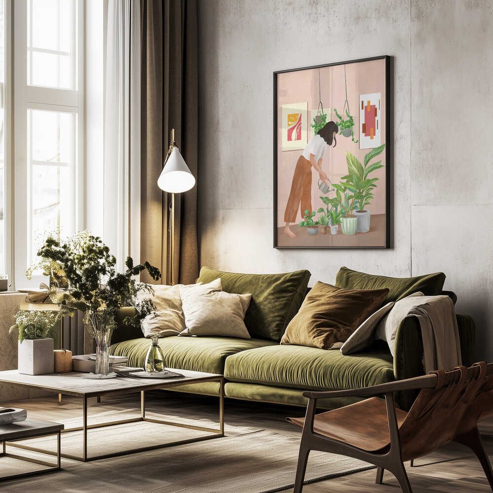 Woman Waters Houseplants