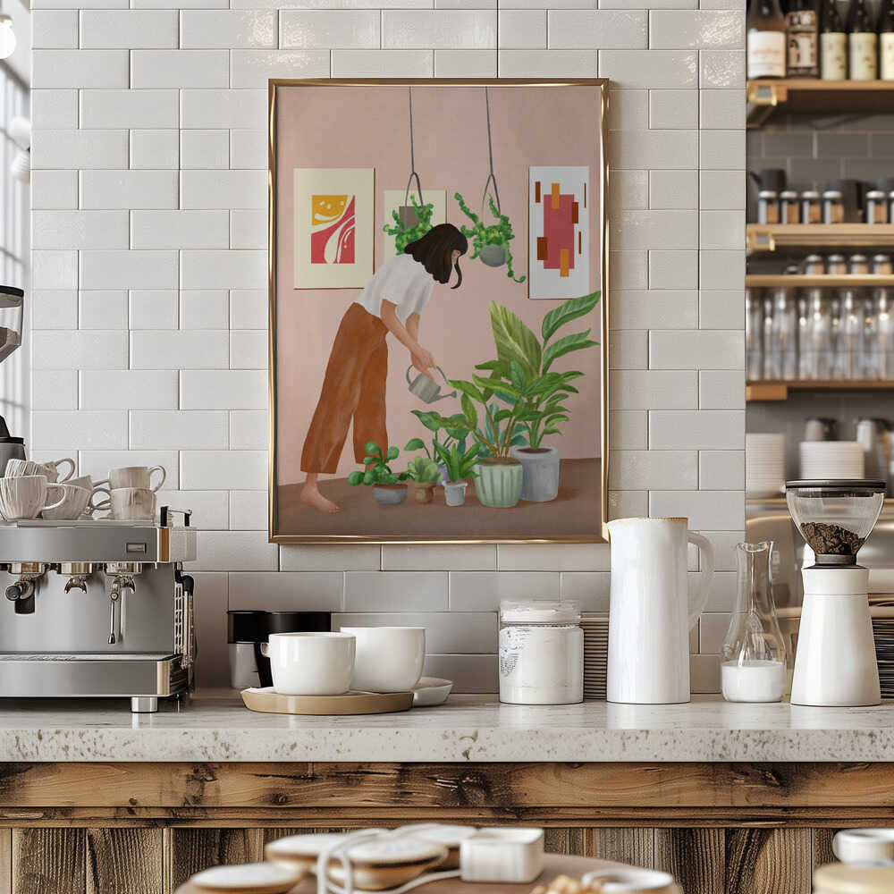 Woman Waters Houseplants