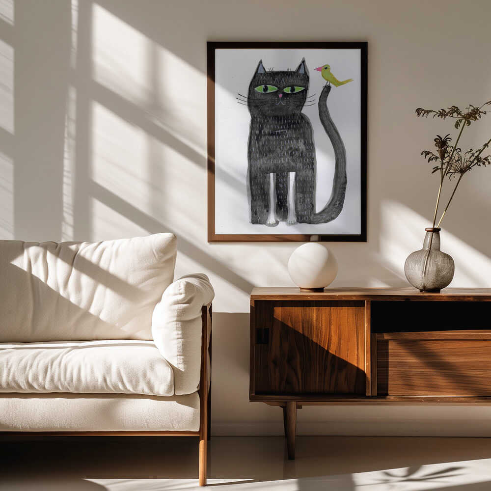 Whimsical Black Cat And Bird