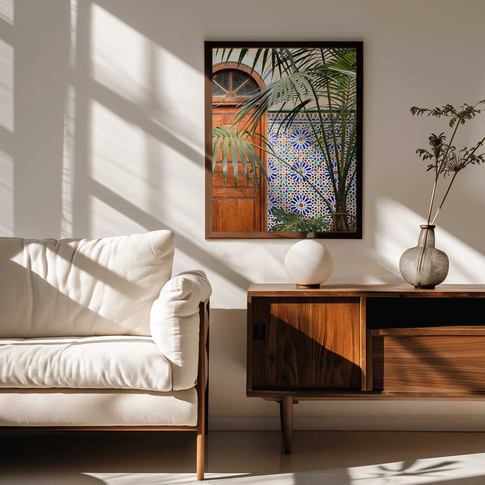 Vibrant Tiles and Palm Door