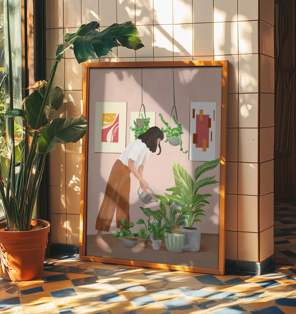Woman Waters Houseplants