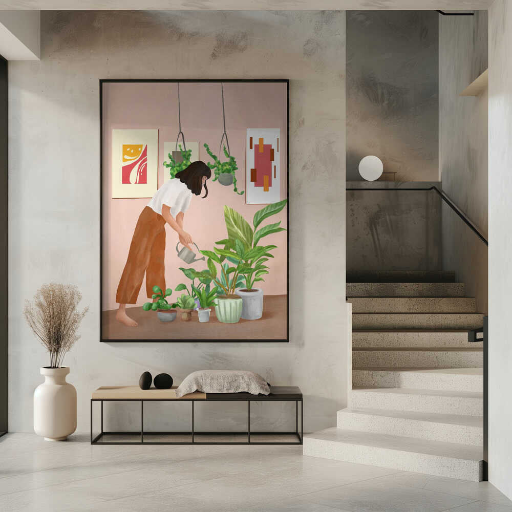 Woman Waters Houseplants