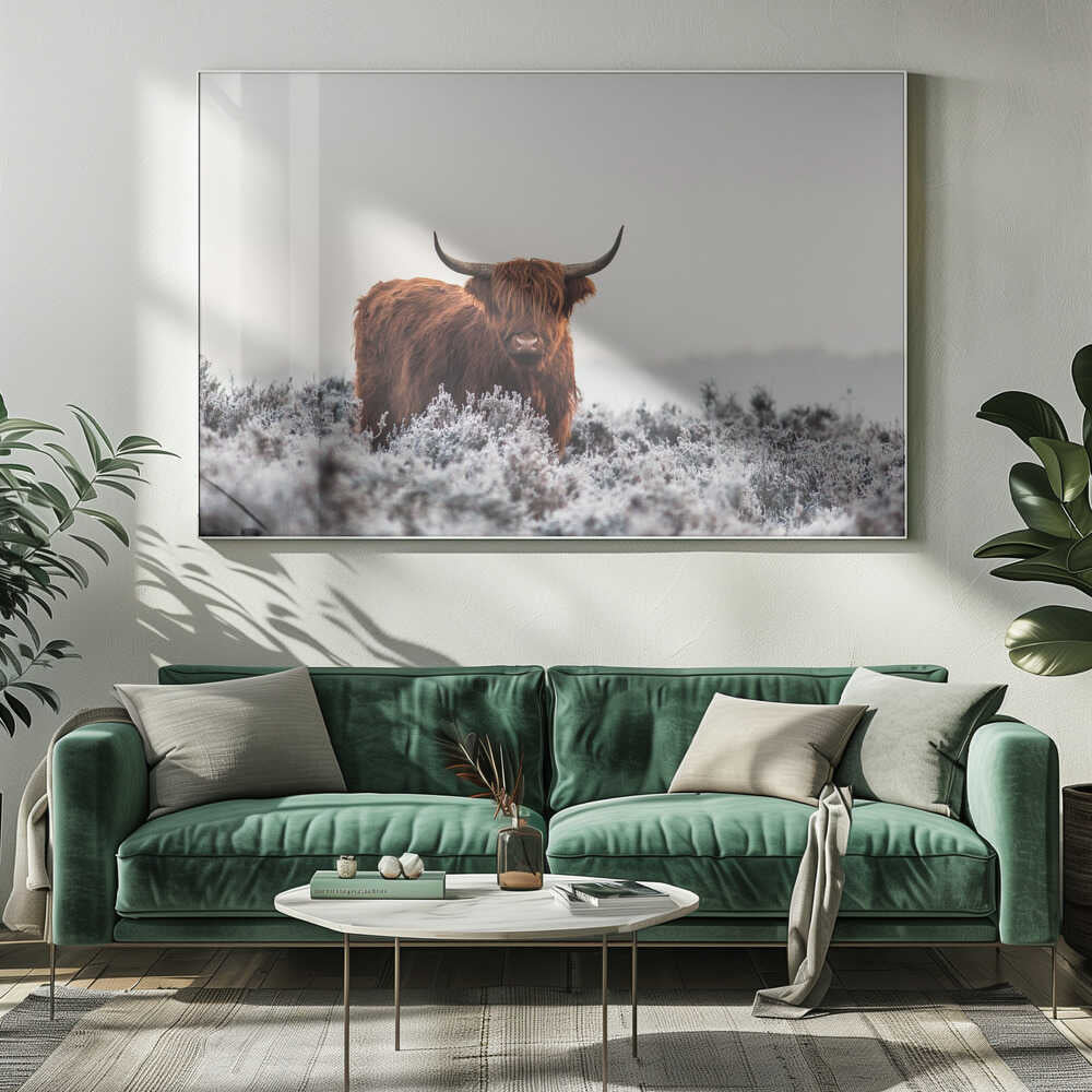 Highland cow i frostigt landskap