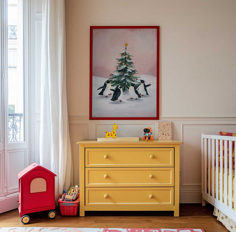 Pingviner kring julgranen