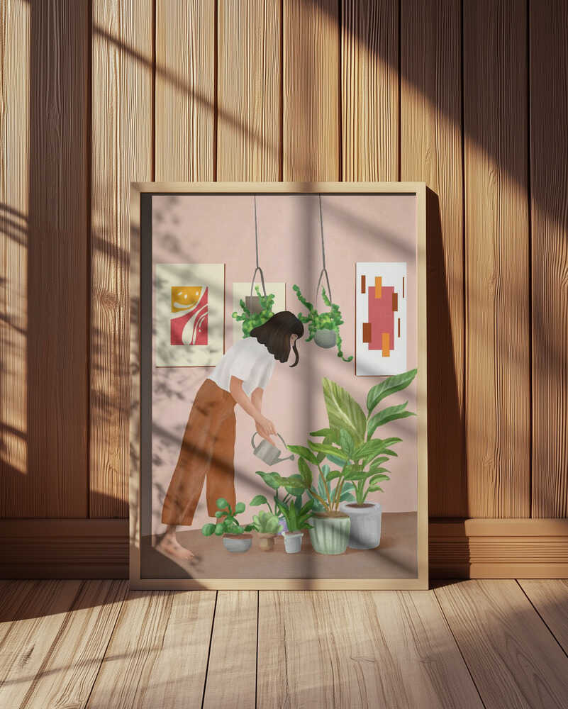 Woman Waters Houseplants