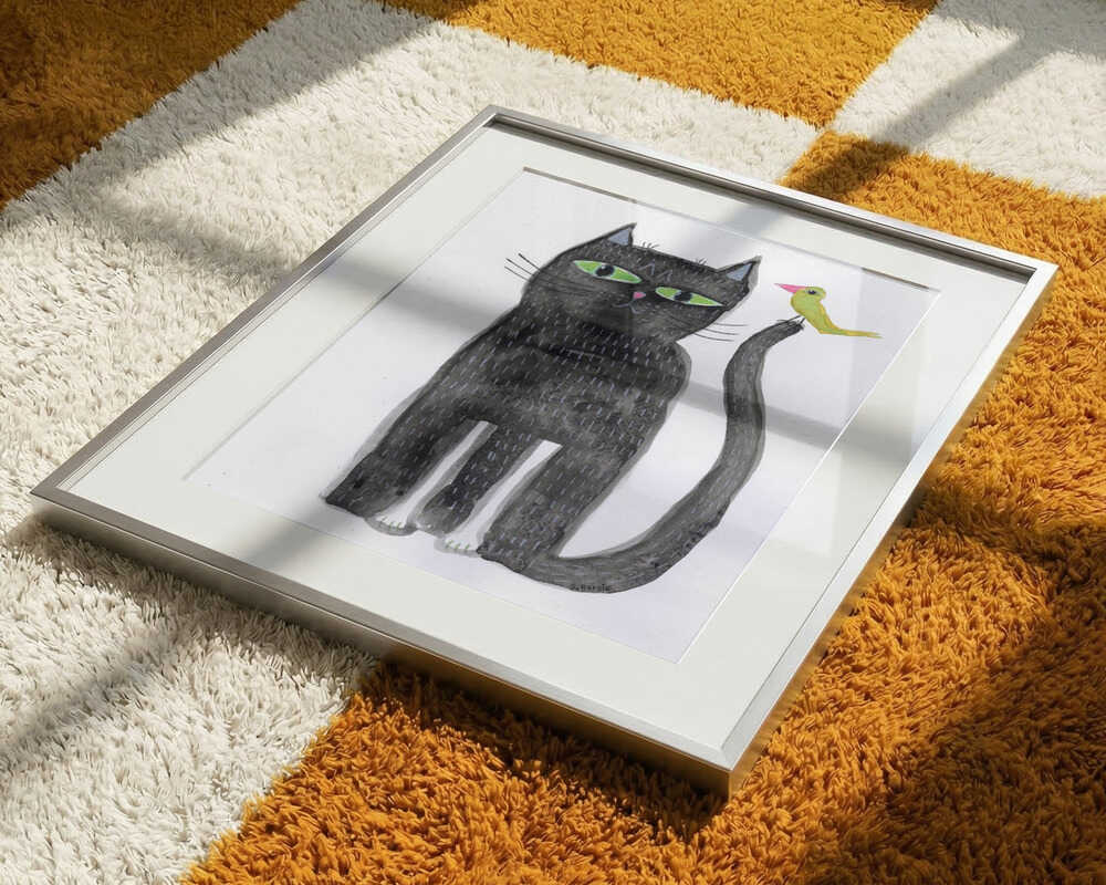 Whimsical Black Cat And Bird