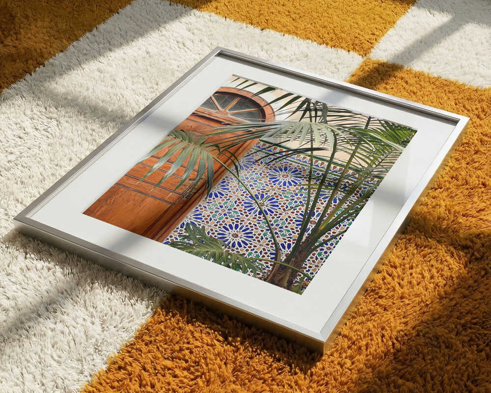 Vibrant Tiles and Palm Door