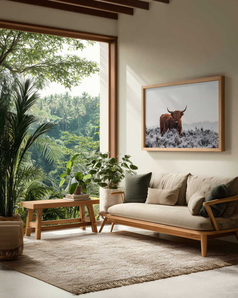 Highland cow i frostigt landskap
