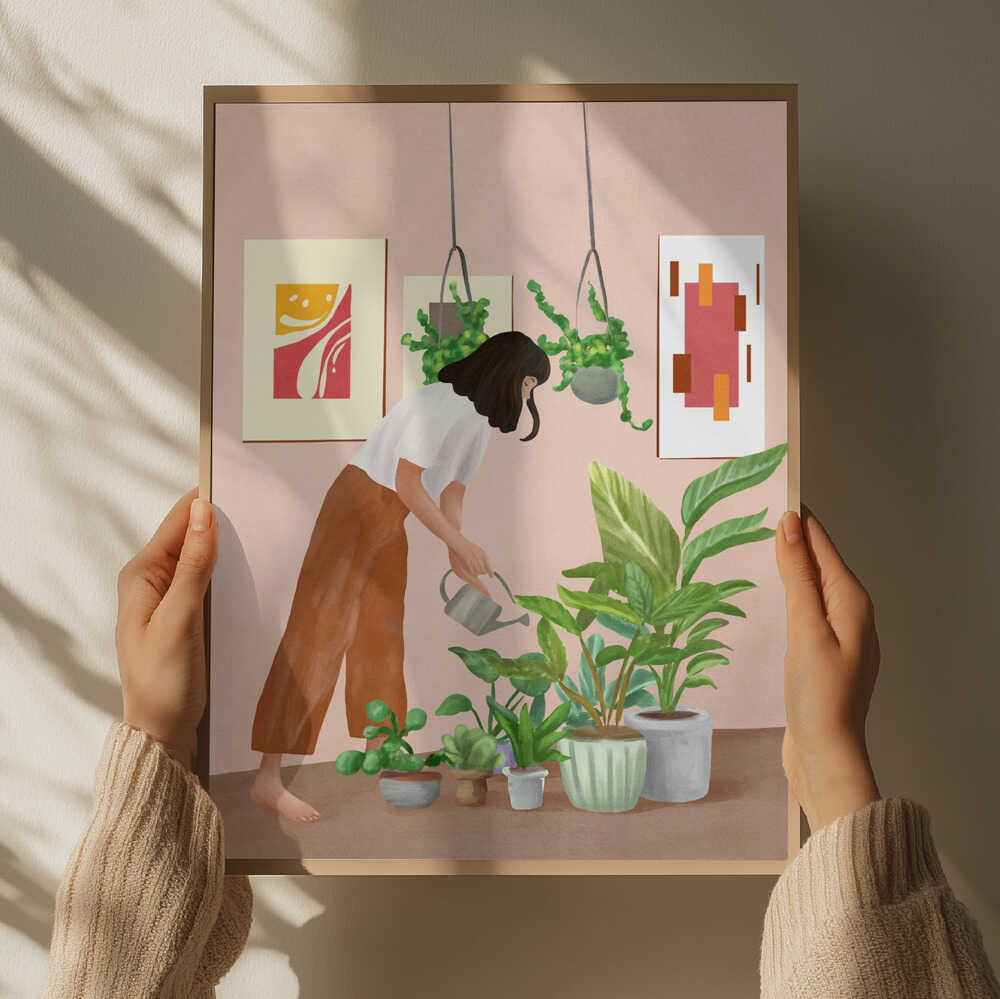 Woman Waters Houseplants