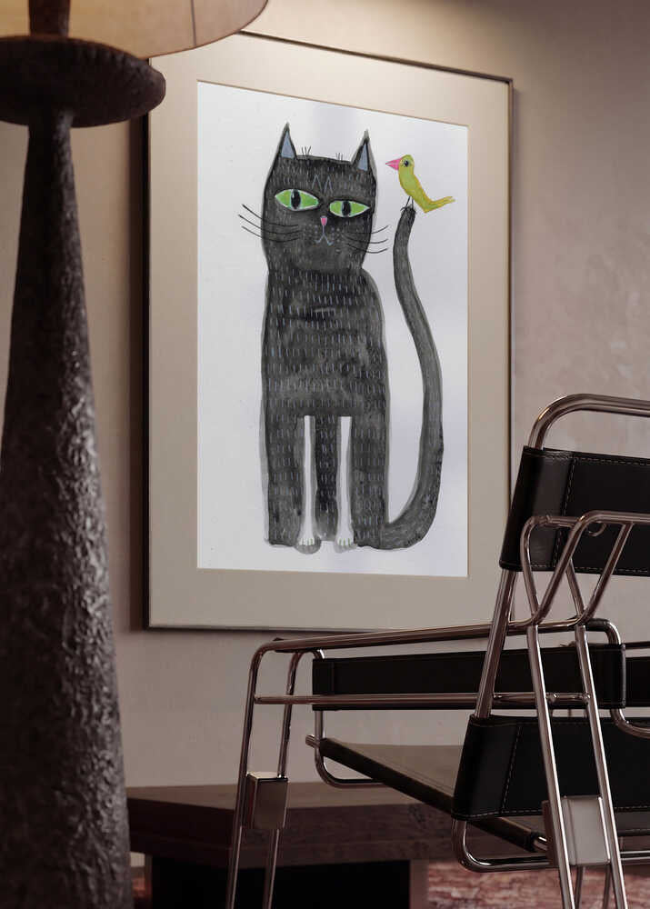 Whimsical Black Cat And Bird