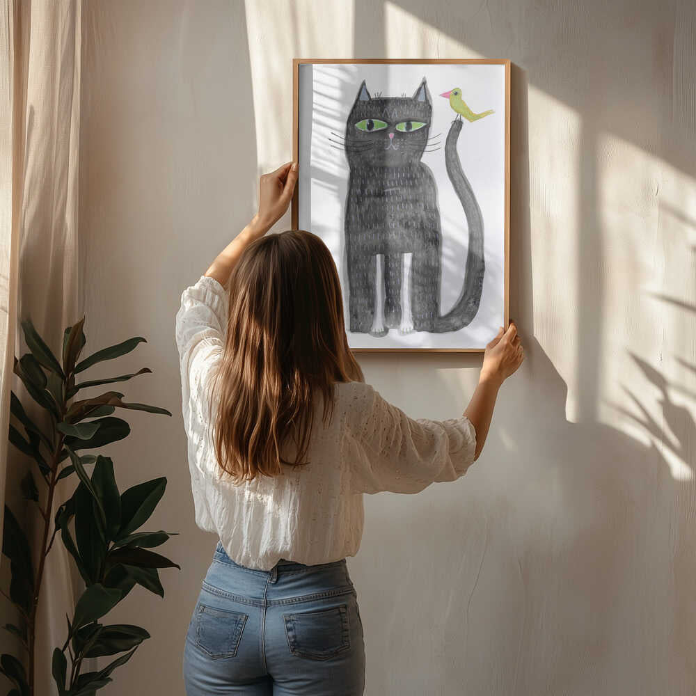 Whimsical Black Cat And Bird